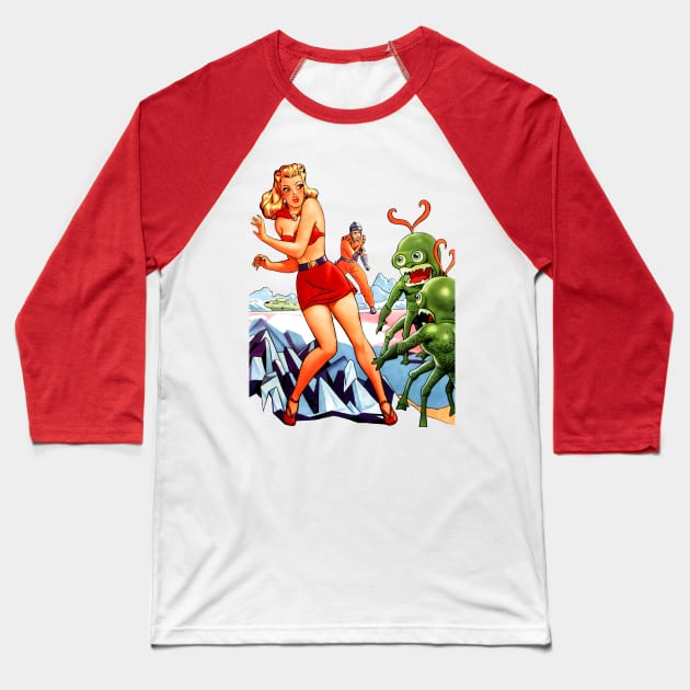 Retro Girl Pin Up Vintage Aliens Space Green Extraterrestrial Planet Rocket Spaceship Startling Comics Old Cartoon Blonde Woman Baseball T-Shirt by REVISTANGO